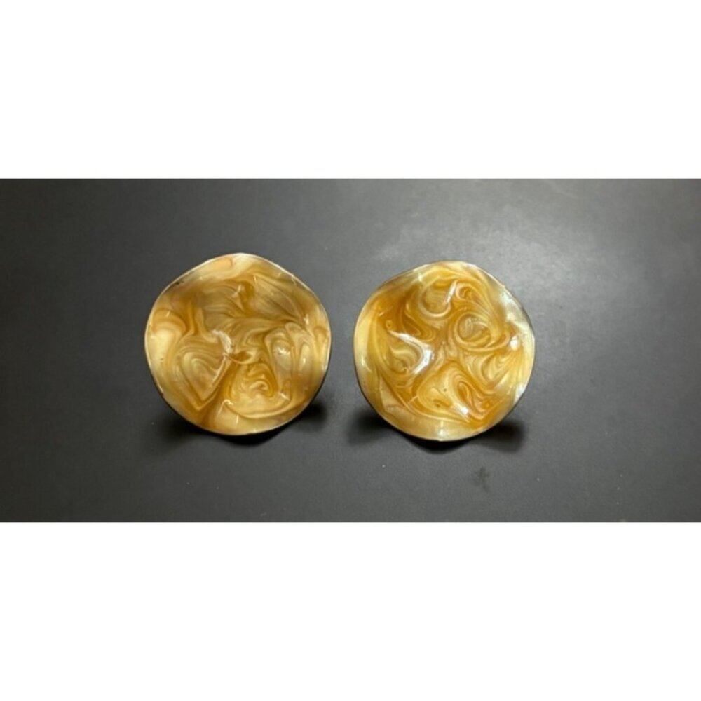 Vtg Clip-On Earrings With Swirled Enamel Amber Design Statement‎